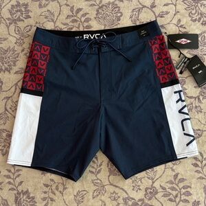 NWT RVCA Men's Dark Blue Mid Length  Swim Shorts Red and White Accents Size 31